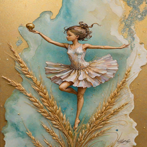 Soft, muted Alcohol Ink with ebru effect background image of tiny whimsical gazalle, who climbed high on the top of a golden rye ear.