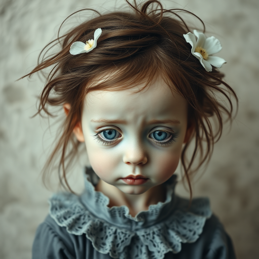 COLOR CHALK AND GRAPHITE, MACRO, WHIMSICAL CHILD,  PORCELAIN SKIN, VERY BIG GREY-BLUE EYES LOOKING DOWN WITH EXTREMELY LONG EYELASHES, SMALL MOUTH,  STRINGY AND MESSY BROWN HAIR with a flower, grey frilly lace collar, sad. The background should be textured and neutral in color to make the subject stand out. Orton effect, surreal, style of Nicoletta Ceccilo