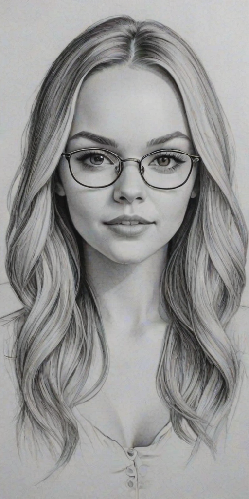 Charming Danielle Bradbery, pencil sketch, portrait of Ravishing woman 1948s in glasses, hair style beatnik, outline, clear lines, fine lines, 8k