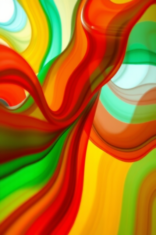 Generate a vibrant abstract image with flowing waves of red, green, blue, and yellow colors, using a Canon EOS R5 with a 50mm f/1.2 lens, shutter speed of 1/125s, ISO 100, natural light, and a low angle view to enhance texture and depth.