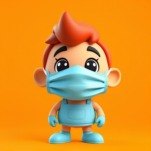 Create a high-resolution digital illustration of a cartoon character resembling a friendly mascot wearing a blue medical mask, set against a vibrant orange background, captured with a Canon EOS R5, 50mm lens, f/1.8 aperture, ISO 100, and a soft-focus style.