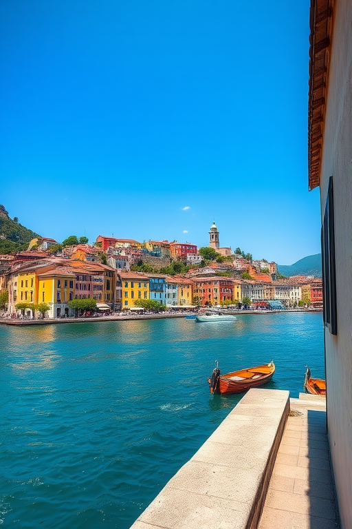scenic view of a lakeside town with colorful buildings, a clear blue sky, and boats on the water, captured with a Canon EOS R5, 24-70mm f/2.8 lens, aperture f/8, ISO 100, shutter speed 1/200 sec, in landscape mode