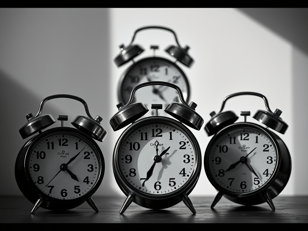 Three vintage alarm clocks arranged artistically in a close-up shot, shot with a Canon EOS R5 at f/4, ISO 100, 1/125 sec, using natural light to create high contrast and a dramatic black and white effect.