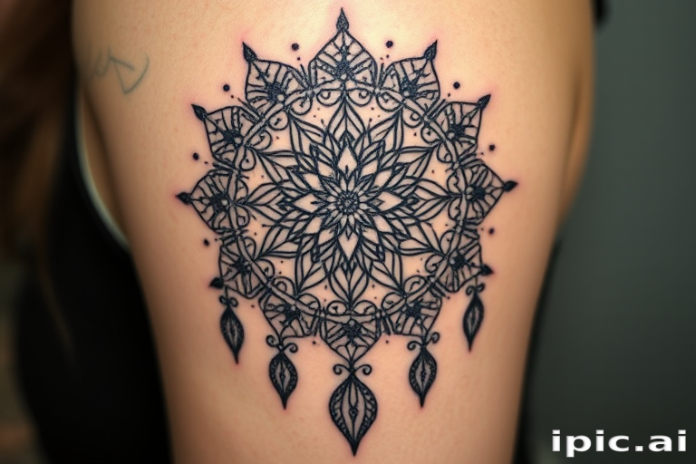Ornamental blackwork tattoo showcasing intricate lace-like patterns and mandalas forming a dreamcatcher design, with meticulous dotwork shading, called "Ethereal Catcher"