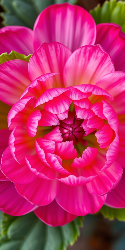 close-up of a pink ranunculus flower with lush green leaves, shot from above, using a Canon EOS R5, 100mm f/2.8 macro lens, f/2.8 aperture, 1/200s shutter speed, ISO 100, natural lighting for enhanced detail and vibrant colors