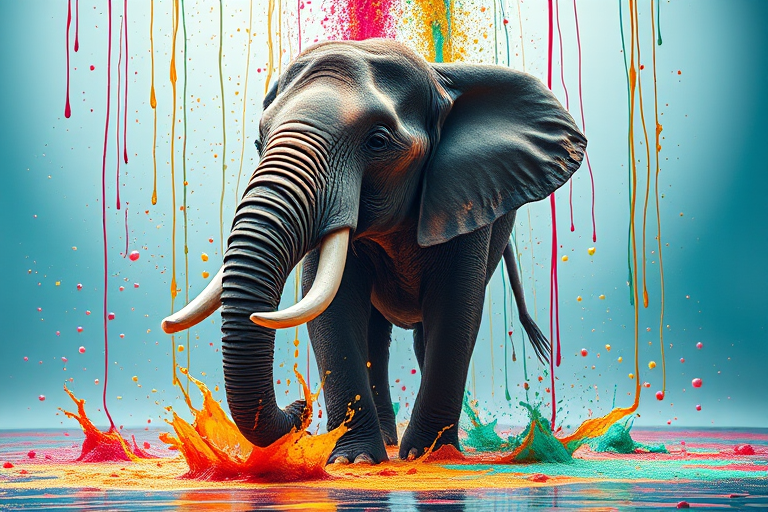 Create a vibrant image of an elephant standing in an artistic scene with colorful liquids cascading down, using a DSLR camera with a 50mm lens, aperture f/1.8, ISO 200, shutter speed 1/100s, soft lighting, and a low-angle view to emphasize the elephant's grandeur.