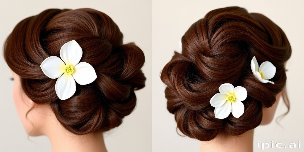 Rich mahogany locks styled in a vintage victory roll updo, accented with a single white gardenia bloom, exuding timeless elegance and feminine charm.