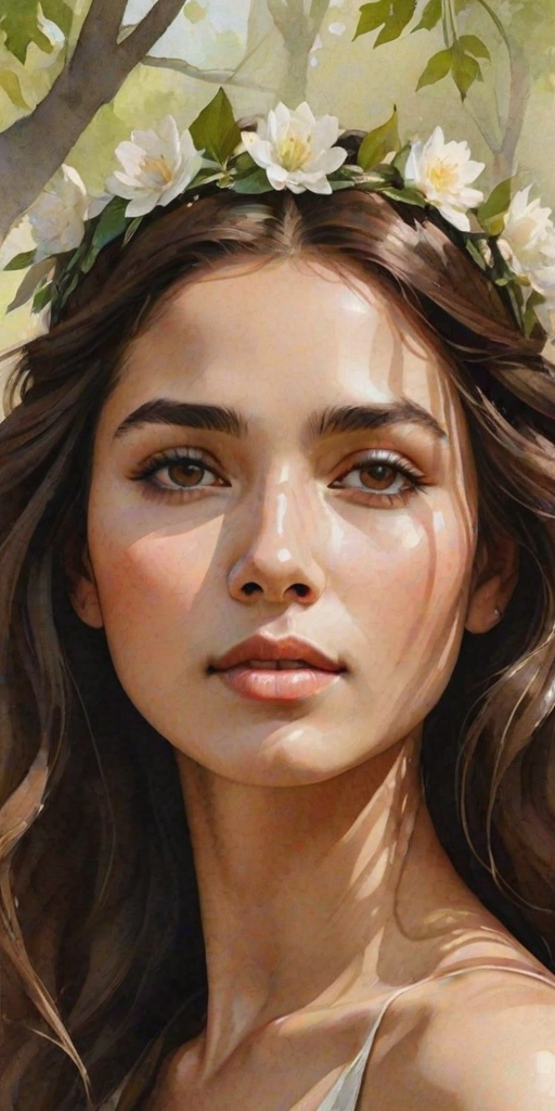 create a watercolor painting of an ethereal portrait of beautiful Turkmen woman with a simple white flower crown on her head. Her hair is long and she is lying on the ground. The sunlight on the trees casts shadows from the leaves on her face and body. The background is a neutral brown color that matches her skin tone. The image is minimalist and solid colors. This style is characterized by soft, delicate brushstrokes and a light, airy, contrasting color palette. High level of detail and play of light