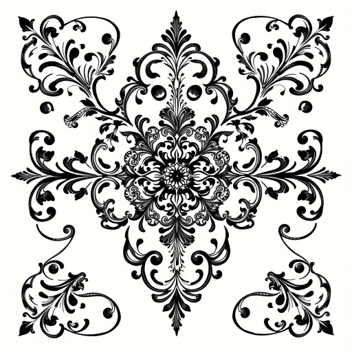 Ornamental blackwork tattoo called "Baroque Elegance" featuring intricate filigree patterns, symmetrical designs, and elaborate scrollwork inspired by historical architectural elements