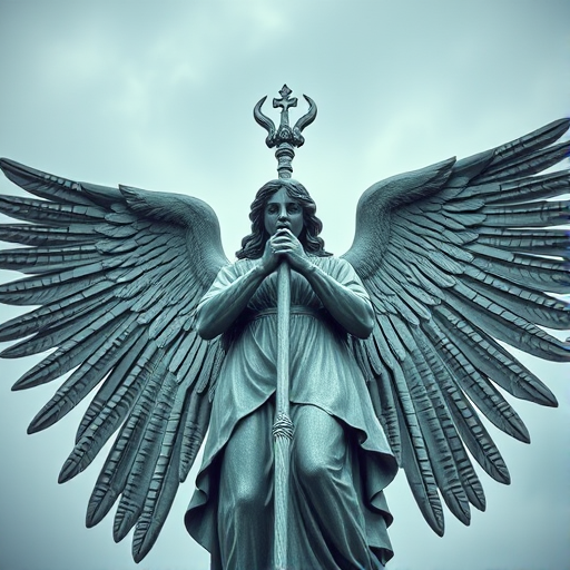 Generate an image of a majestic angel statue holding a staff, shot in dramatic overcast weather, with a low-angle view to emphasize height, using a DSLR camera with a 50mm lens, aperture set to f/2.8, ISO 100, and a shutter speed of 1/200s for enhanced clarity and detail.