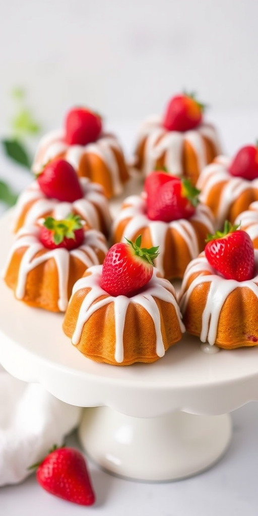 A beautifully arranged display of mini bundt cakes topped with fresh strawberries and drizzled with white icing on a white cake stand with a soft, neutral background and a hint of greenery.