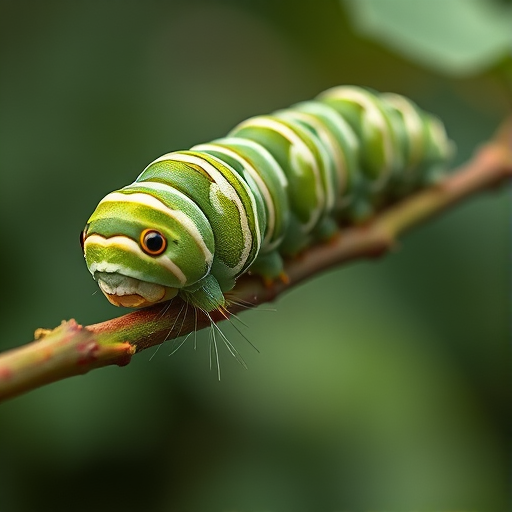 Create a high-resolution illustration of a green and white striped caterpillar on a branch, using a macro lens, 100mm focal length, aperture set to f/2.8, with soft diffused lighting and a focus depth that highlights the intricate details of the caterpillar, capturing vibrant colors and fine textures for enhanced image quality.