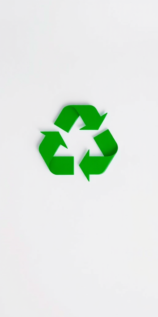 Generate a high-resolution image of a green recycling symbol with a clean background, camera settings set to f/8 aperture, ISO 100, shutter speed 1/200, shot from a top-down view with a DSLR camera in a minimalistic style.