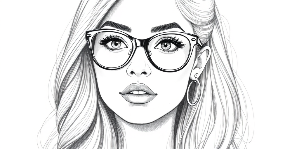hot mia khalifa, pencil sketch, portrait of beautiful woman 60s in glasses, hair style beatnik, outline, clear lines, fine lines, 8k