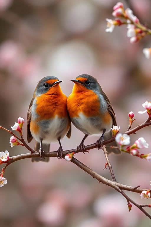 Capture a vibrant scene of two robins perched on a branch with fresh blossoms, using a Canon EOS 5D Mark IV, 200mm lens, f/4 aperture, ISO 400, shot in natural light with a shallow depth of field for a soft background.
