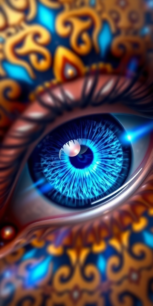 Create a highly detailed and vibrant illustration of an intricate eye with a glowing blue iris, surrounded by ornate golden patterns and ethereal blue light effects, captured in macro view using a DSLR camera with a 100mm lens at f/2.8 aperture, ISO 100, and a shutter speed of 1/200 sec, in a soft focus style to enhance depth and texture.