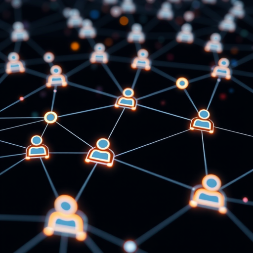 Create a digital illustration of a network of interconnected users represented by icons on a dark background with glowing connections, using a Canon EOS 5D Mark IV, 24mm lens, f/2.8 aperture, ISO 100, 1/60 sec shutter speed, and a wide-angle view to enhance depth and detail.