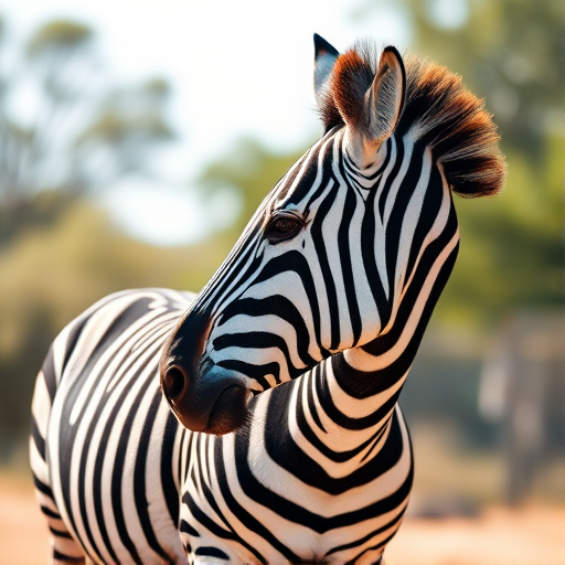 A high-resolution illustration of a zebra standing in profile, captured with a 50mm lens at f/2.8, ISO 100, using a DSLR camera with a shallow depth of field for enhanced detail and clarity, in a bright, outdoor setting.