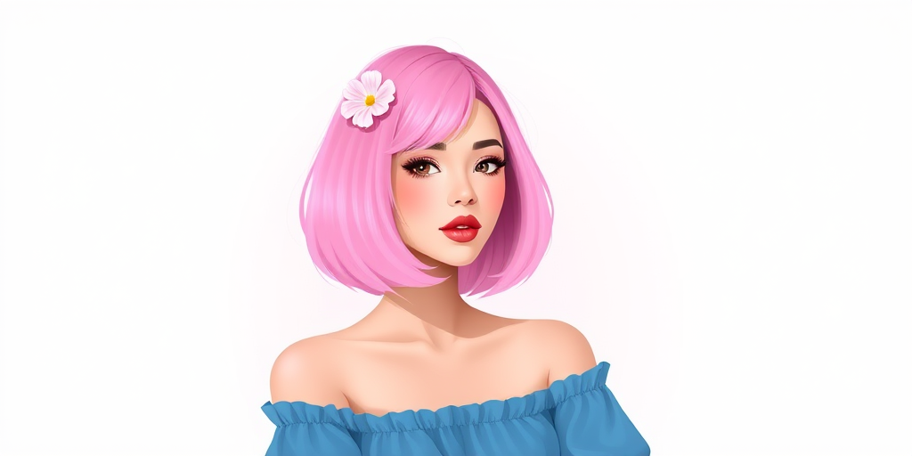 Create a digital illustration of a woman with pink hair styled in a bob and a flower accessory, wearing an off-the-shoulder blue top, against a soft gradient background, using a DSLR camera with a 50mm lens, f/2.8 aperture, ISO 100, and soft focus for a smooth appearance.