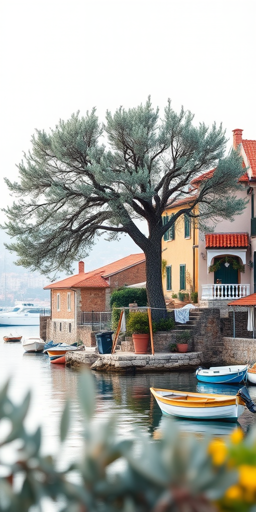 Create a watercolor painting of a tranquil seaside village, featuring an ancient olive tree beside rustic buildings with red roofs, calm boats moored along a serene waterfront, soft morning light, high-resolution, shot with a Canon EOS R5, 50mm f/1.2 lens, aperture f/8, ISO 100, with a shallow depth of field to enhance the foreground details.