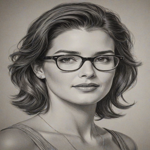 Enticing Cobie Smulders, pencil sketch, portrait of Gorgeous woman 1950s in glasses, hair style beatnik, outline, clear lines, fine lines, 8k