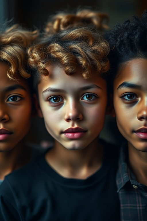 Generate an image of three diverse young people with distinct hairstyles and expressions, with the focus on their faces, captured in a shallow depth of field using a Canon EOS R5 at f/1.8, ISO 100, 50mm lens, with dramatic lighting and a cinematic style.