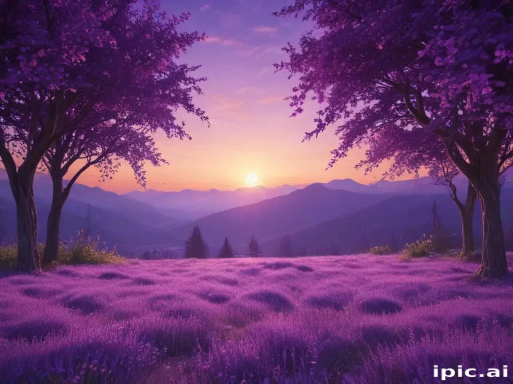 A Serene Sunset Over Lavender Fields Surrounded by Majestic Mountains.