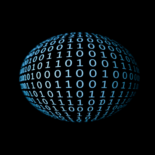 Generate a digital art image of a spherical object made of binary code (0s and 1s) set against a black background, shot with a DSLR camera at f/8 aperture, ISO 200, 50mm lens, using a low angle perspective and a soft focus effect for enhanced depth.