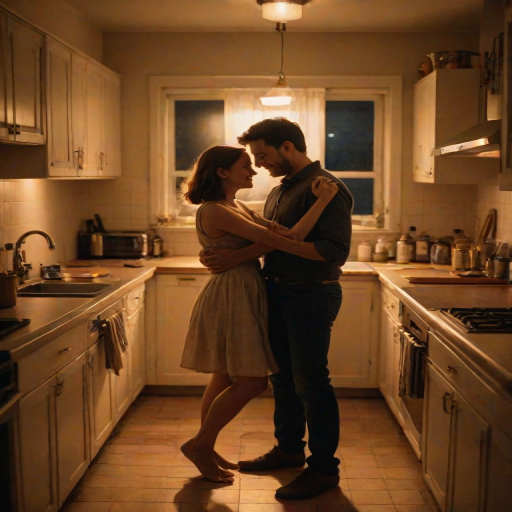 Warm, intimate image of a couple dancing in the kitchen at midnight, soft glow from overhead lights casting warm shadows, with the smell of fresh bread lingering in the air.