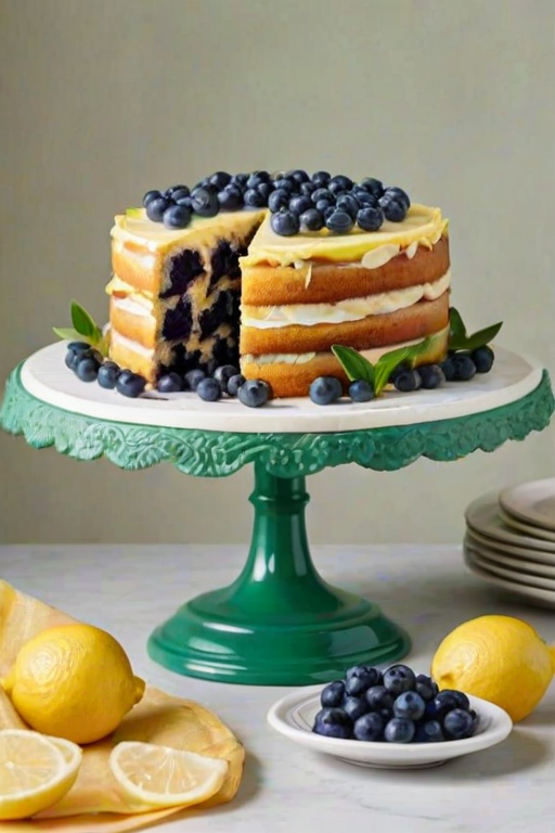Create a visually appealing image of a layered cake decorated with fresh blueberries, lemon slices, and green leaves. The cake should be placed on a decorative cake stand, with a simple background that enhances its colors. Include soft, natural lighting to give the scene a fresh and inviting feel.