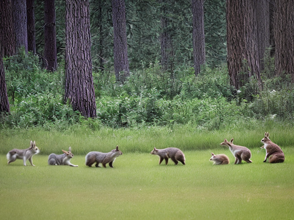 squirrel, rabbit, wolf and bear in one picture in the woods