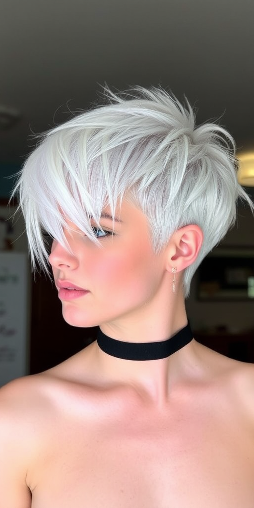 Striking platinum blonde pixie cut called "Arctic Frost," boasts an edgy asymmetrical design with longer strands on one side, expertly textured and tousled for a modern, effortless look, incorporating icy blue undertones that add depth and dimension to the ultra-short style