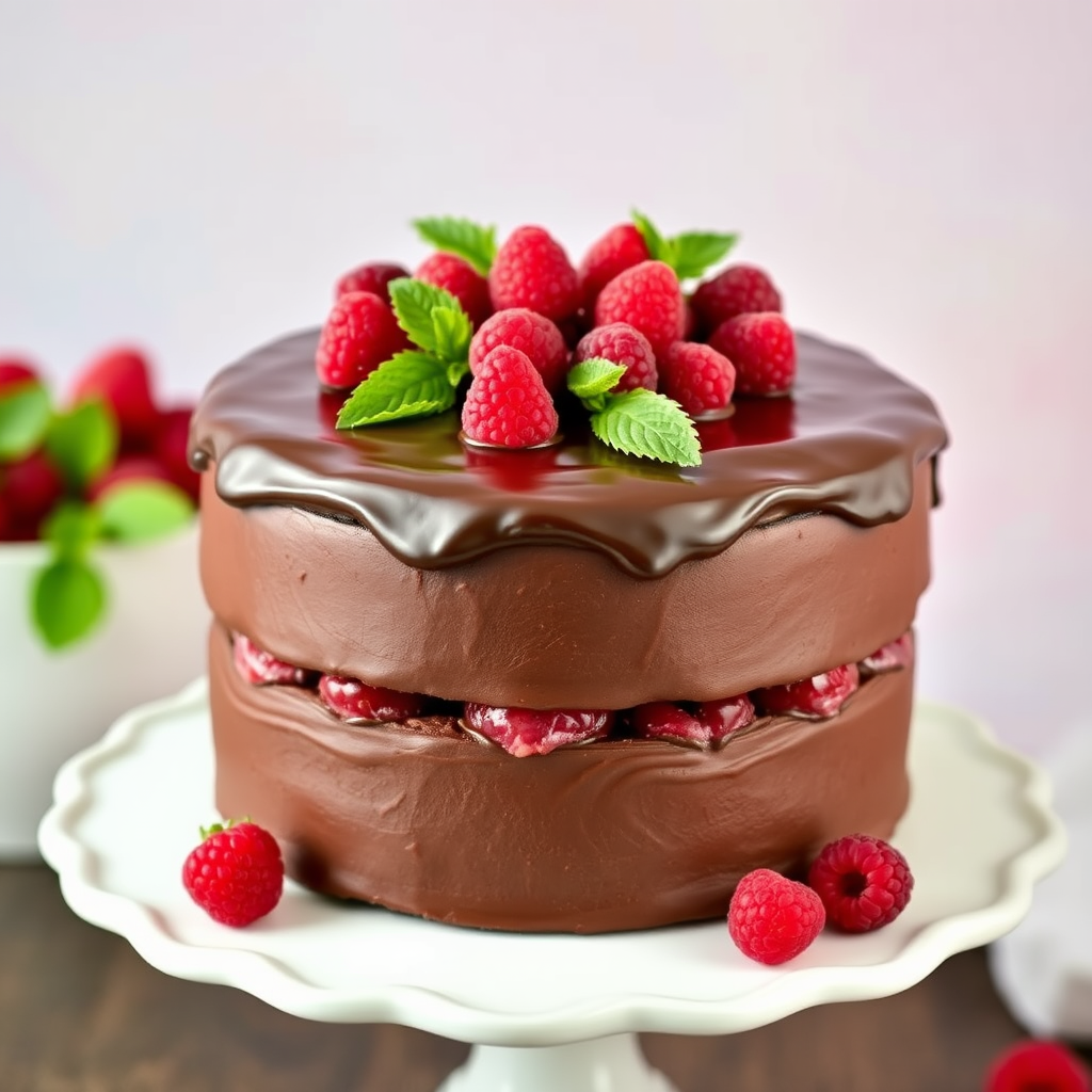A rich chocolate cake with layers filled with raspberry jam and covered in glossy chocolate ganache garnished with fresh raspberries and mint leaves on top, displayed on a white cake stand against a soft pastel background.
