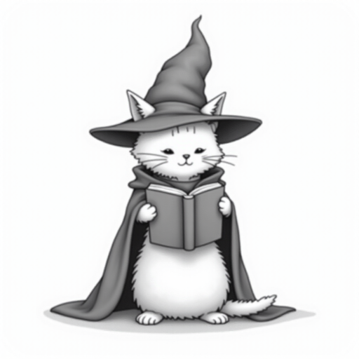 A grayscale illustration of a cat wearing a witch's hat and cloak. The cat is standing on its hind legs and is holding a spellbook in its paws and reading it intently. The hat is tall and pointed, with a wide brim and a pointed top. The cloak is draped over the cat's body, covering its body. The background is plain white, making the cat and the book the focal point of the image.