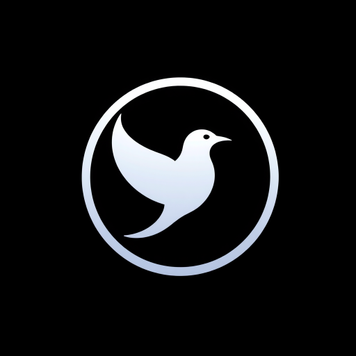 Create a high-resolution image of a stylized bird logo in a circular format, featuring a white bird silhouette against a dark background, captured with a Canon EOS R5, 50mm lens, f/1.8 aperture, ISO 100, and soft diffused lighting, with a focus on vibrant colors and sharp details.