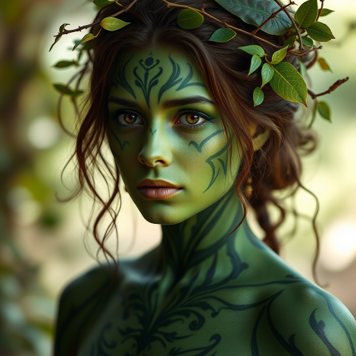 Create a portrait of a mystical forest spirit with intricate green body paint and natural elements like leaves and vines in her hair, shot with a Canon EOS R5 at f/1.8, 50mm, ISO 100, in a soft, diffused natural light setting, focusing on capturing vibrant colors and fine details.