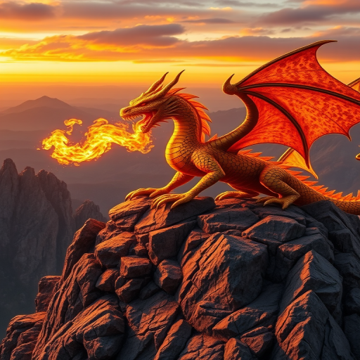highly detailed image of a golden dragon breathing fire on a rocky mountain, sunset lighting, 35mm lens, f/2.8 aperture, ISO 100, wide-angle view, DSLR camera, 4K resolution, HDR processing