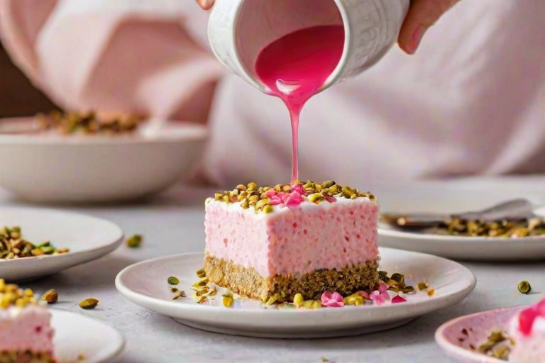 Create an image of a vibrant pink dessert square topped with fluffy white frosting and sprinkled with pistachios and rose petals. A hand is pouring a light pink syrup over the dessert, and the setting is bright and inviting with additional dessert pieces on small plates in the background.
