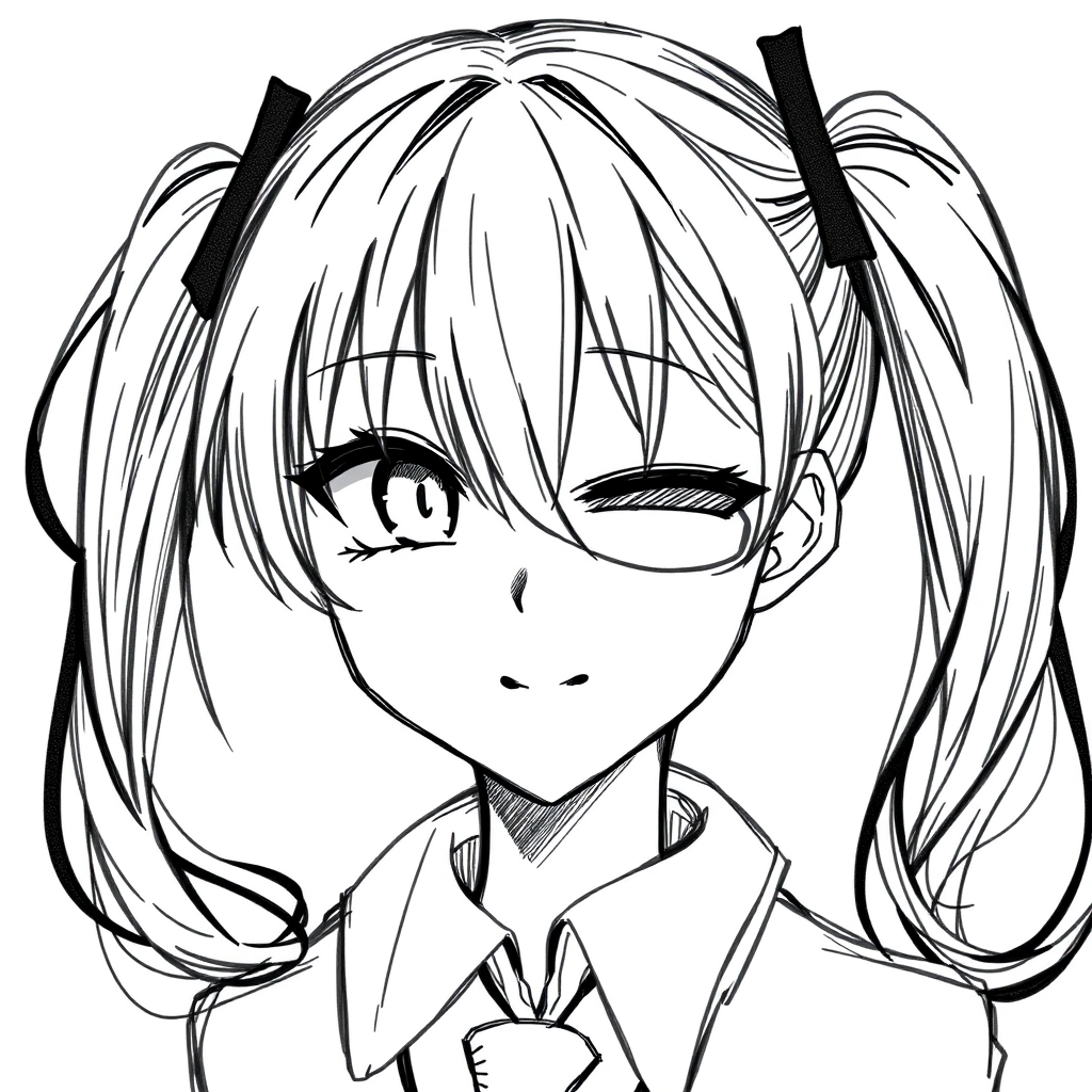 1girl, Best quality, quan,hyouuma,wanke,nikorashi-ka,sofra,you shimizu, voice actor connection, white background, looking at viewer, monochrome, hair between eyes, closed mouth, smile, cosplay, sketch, long hair, greyscale, eyepatch, twintails, low twintails, portrait, kagune (tokyo ghoul), solo, crossover, simple background,