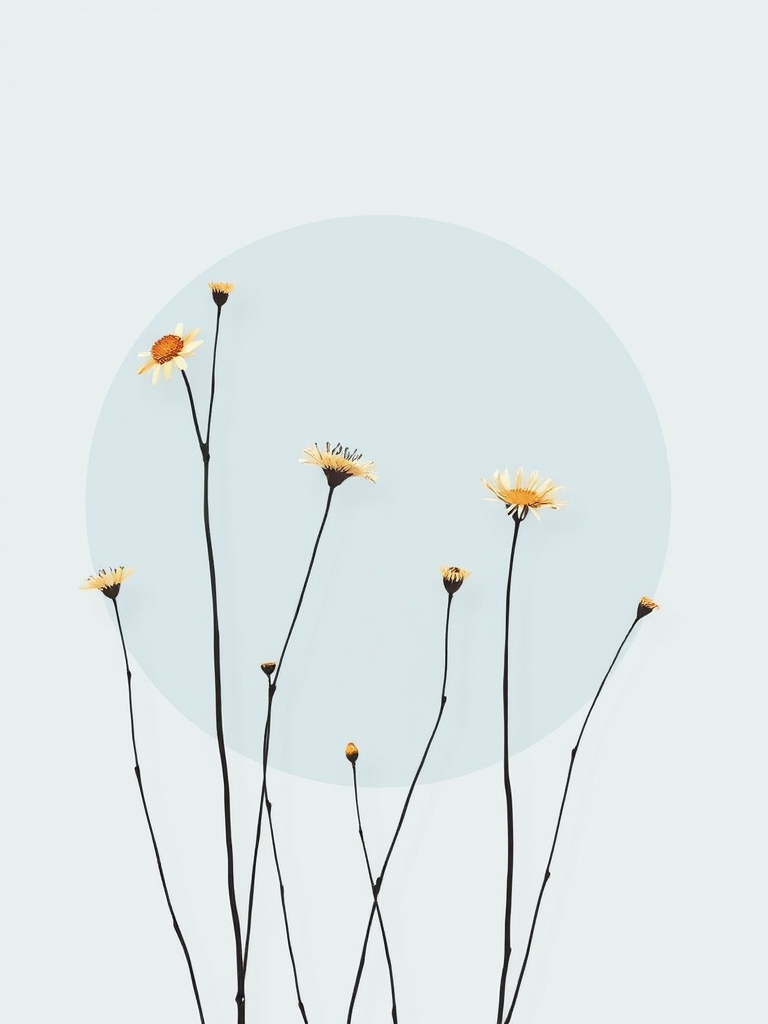create a minimalistic illustration of delicate wildflowers with thin black stems and circular light blue backgrounds, using a digital art style, with a high-resolution setting of 300 DPI, shot from a top-down perspective, simulating a soft pastel texture akin to watercolor paper.