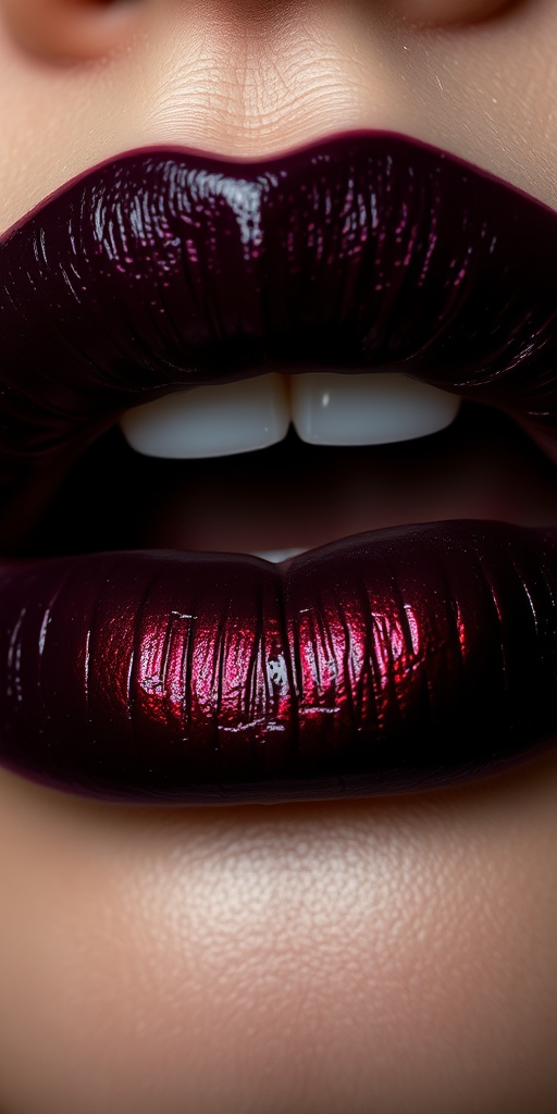 Sultry deep plum lips with a metallic sheen, enigmatic and alluring, perfect for those who dare to embrace their dark side