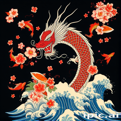 Japanese-inspired irezumi full body suit featuring a dynamic dragon entwined with cherry blossoms, koi fish, and crashing waves in traditional bold colors