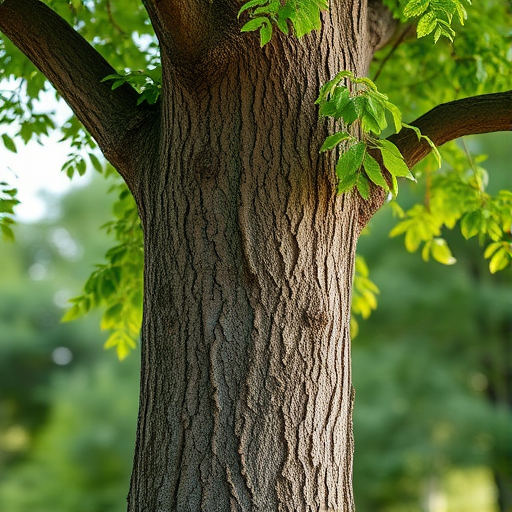 Create a realistic tree with a textured bark and detailed green foliage in a natural outdoor setting, using a DSLR camera with a 50mm lens, aperture set at f/2.8, ISO 100, and soft diffused lighting for clarity.