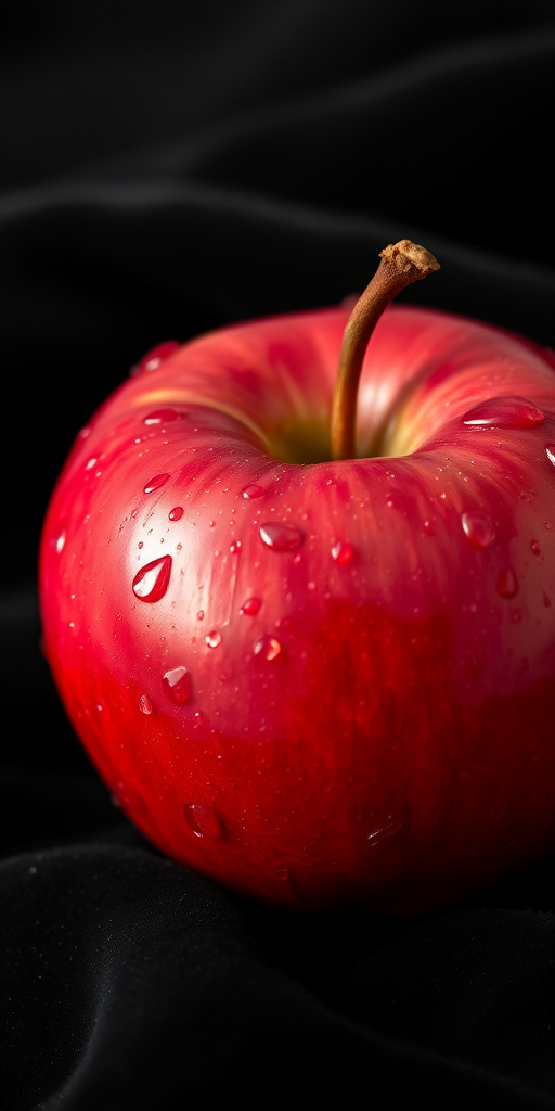A close-up shot of a single shiny red apple with droplets of water on its surface, placed on a black velvet fabric; use a macro lens, aperture f/2.8, ISO 100, shutter speed 1/125 sec, natural light, DSLR camera.