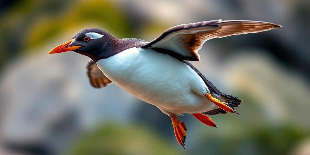 Create a high-resolution illustration of a penguin in flight, with vibrant colors and detailed textures, using a DSLR camera with a 50mm lens, f/1.8 aperture, set at ISO 100, in a natural light environment.