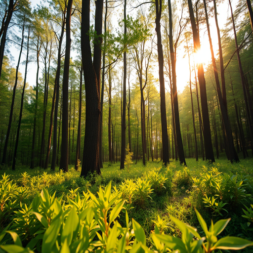 Create a high-quality image of a serene forest landscape during golden hour with soft sunlight filtering through the trees, using a Canon EOS R5, 50mm f/1.2 lens, ISO 100, aperture f/4, shutter speed 1/125s, shot from a low angle to emphasize the lush greenery.