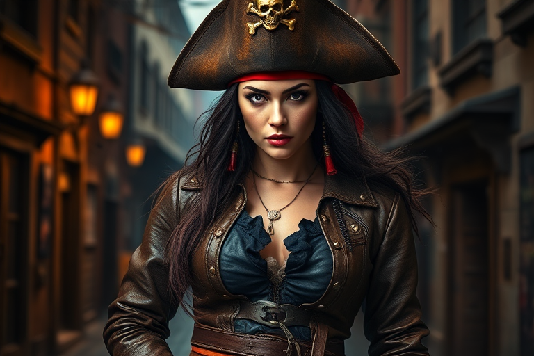 Create a portrait of a fierce female pirate. She wears a leather tricorn hat adorned with a skull and crossbones emblem, and her long, dark hair flows around her face. Her outfit consists of a richly detailed leather jacket, a corset, and multiple layers of belts and accessories, giving her a formidable and stylish appearance. She stands confidently in a dimly lit, historic port town, with a backdrop of weathered buildings and cobblestone streets, capturing the adventurous spirit of a pirate.