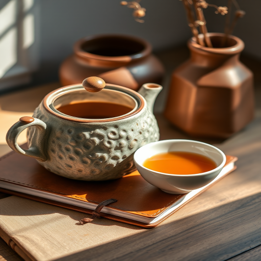 A cozy still life featuring a textured ceramic teapot and a bowl of tea placed on a leather-bound notebook, natural soft lighting, shallow depth of field, shot with a Canon EOS R5, 50mm lens at f/1.8, ISO 200, 1/125s.