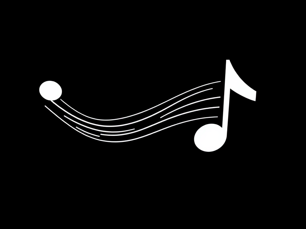 Create an image of a stylized white musical note design on a black background, captured with a Canon EOS 5D Mark IV, using a 50mm lens at f/1.8, with a focus on sharpness, high contrast, and vibrant details, in soft natural lighting.
