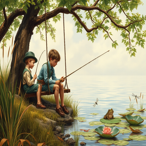 Imagine a small group of old fashioned young boys out fishing by the creek, a swing hanging from a tree branch, reeds and grasses by the water's edge, a frog sitting on a lily pad, dragonflies hovering over som water plans, a very iconic old fashioned scene reminiscent of a Norman Rockwell painting style